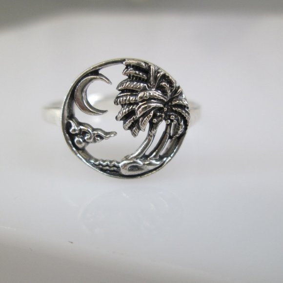 Sterling Silver Coconut Palm Tree and Crescent Moon ring>925 Palm Tree ring - Picture 7 of 7